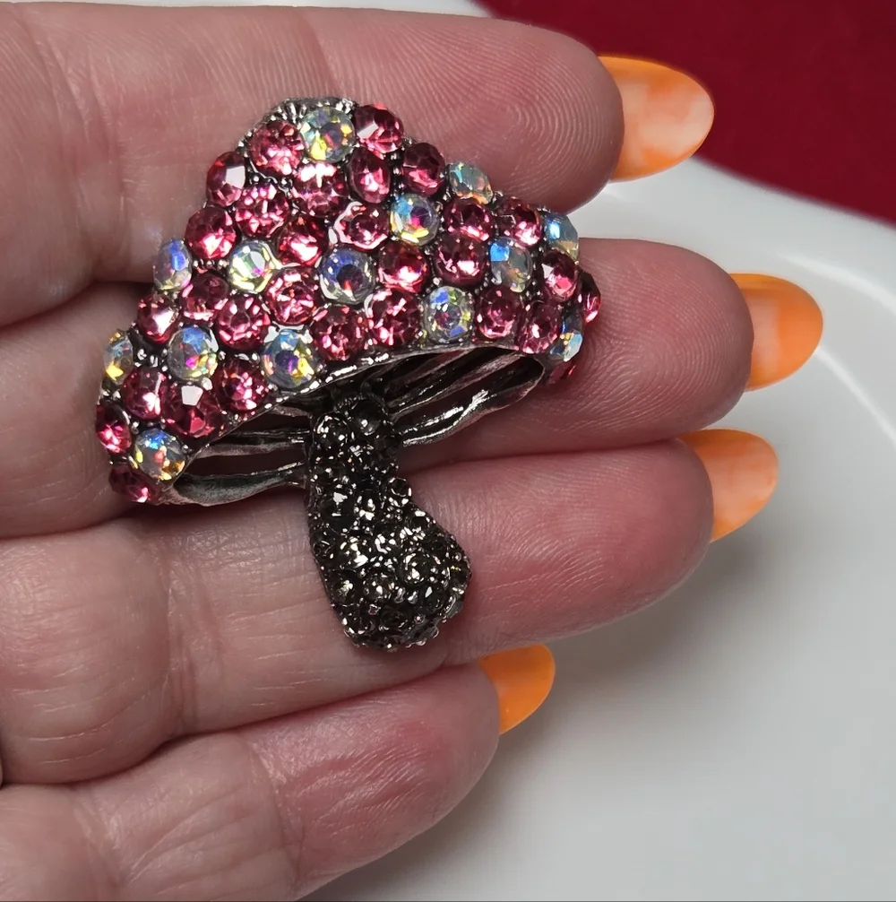 Pink Rhinestone Mushroom Brooch Sparkly Silver Toadstool Whimsigoth Lapel Pin